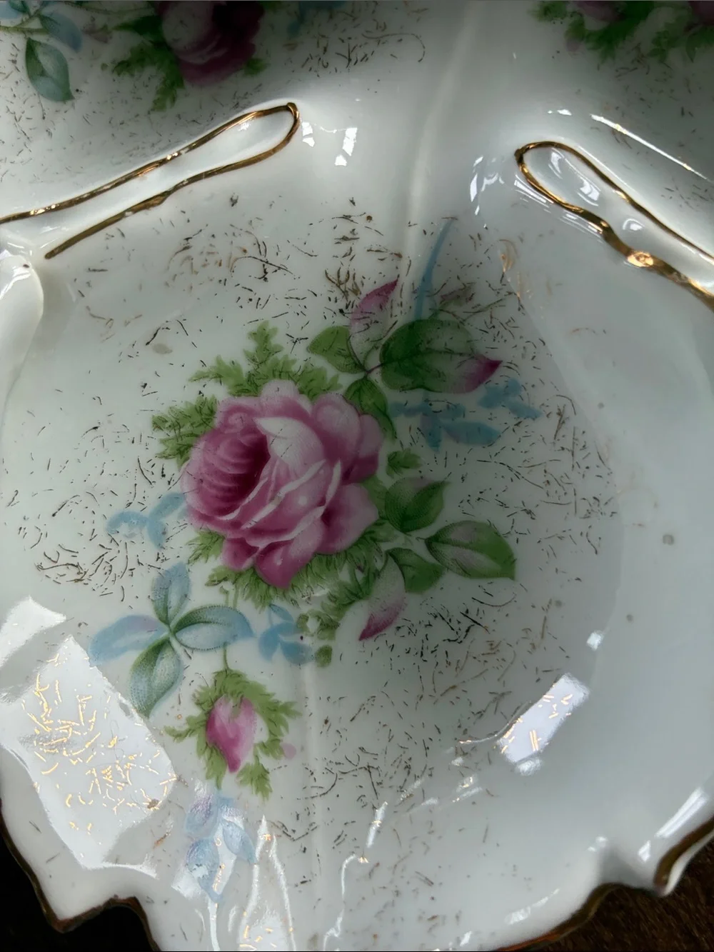 Vintage Floral Triple Dish - Pink Rose Porcelain with Gold Trim